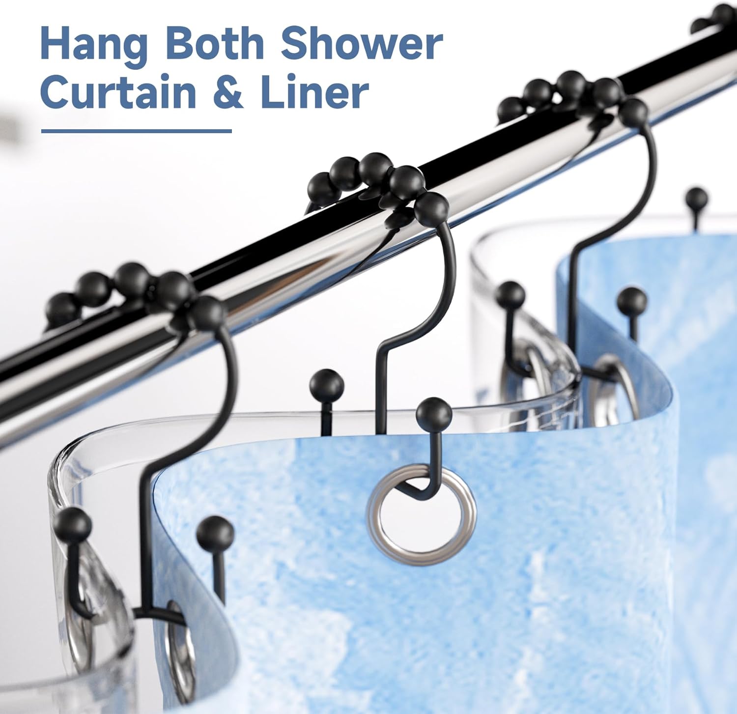 Matzwarte shower curtain hooks (12-pack) - Double hooks made of stainless steel - Hooks with smooth rolling action - Suitable for shower curtains up to 3.3 cm thick - Suitable for shower curtains and waterproof liners. (black) - Image 2
