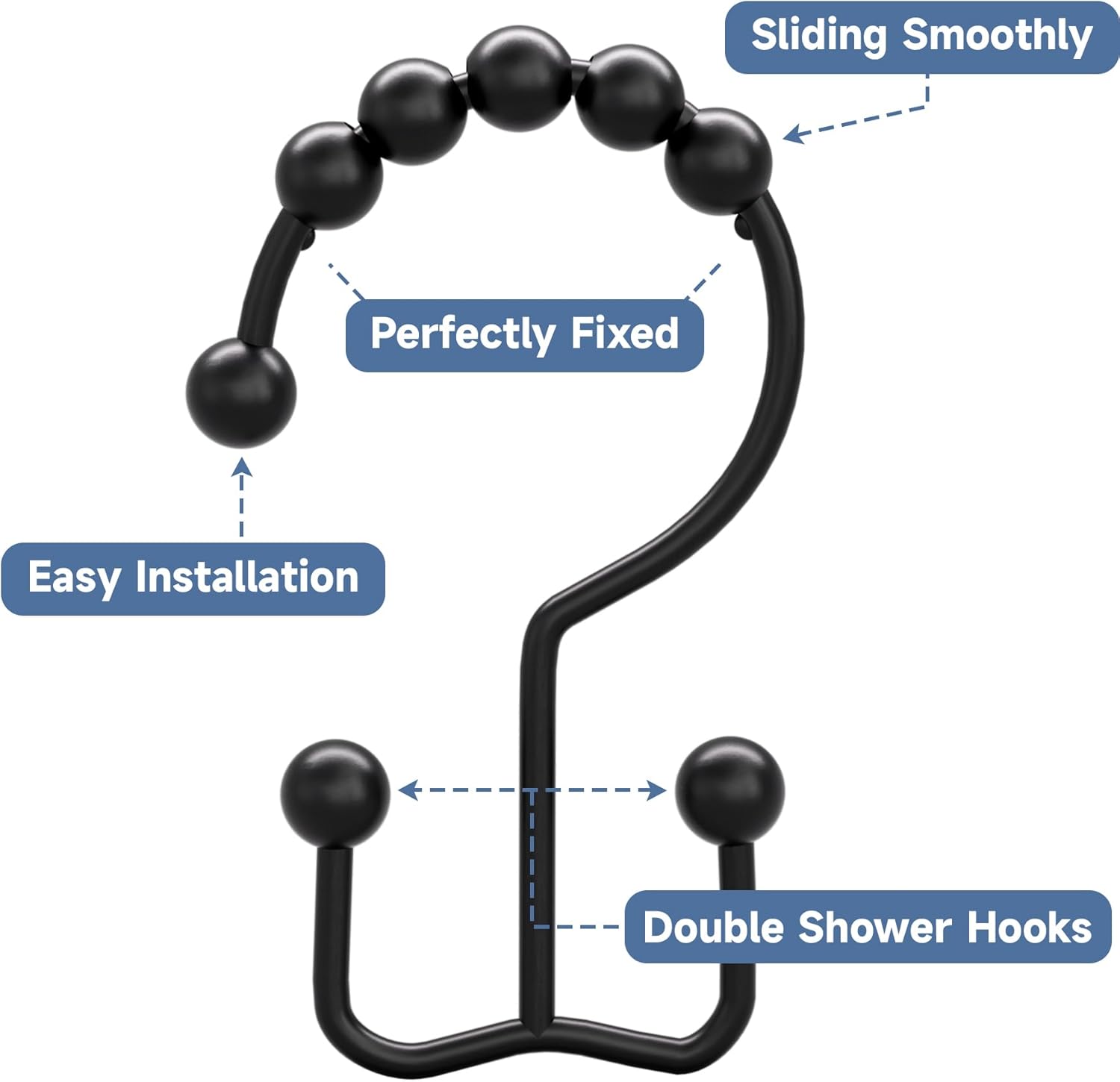 Matzwarte shower curtain hooks (12-pack) - Double hooks made of stainless steel - Hooks with smooth rolling action - Suitable for shower curtains up to 3.3 cm thick - Suitable for shower curtains and waterproof liners. (black) - Image 4