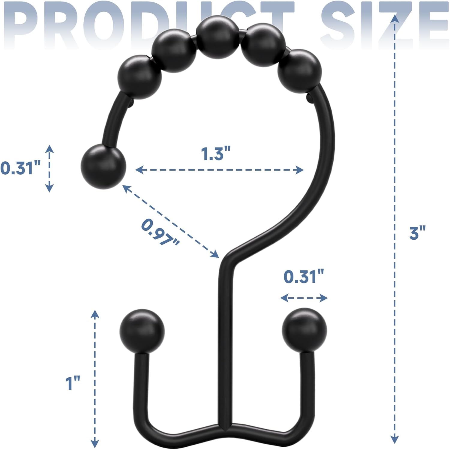 Matzwarte shower curtain hooks (12-pack) - Double hooks made of stainless steel - Hooks with smooth rolling action - Suitable for shower curtains up to 3.3 cm thick - Suitable for shower curtains and waterproof liners. (black) - Image 7