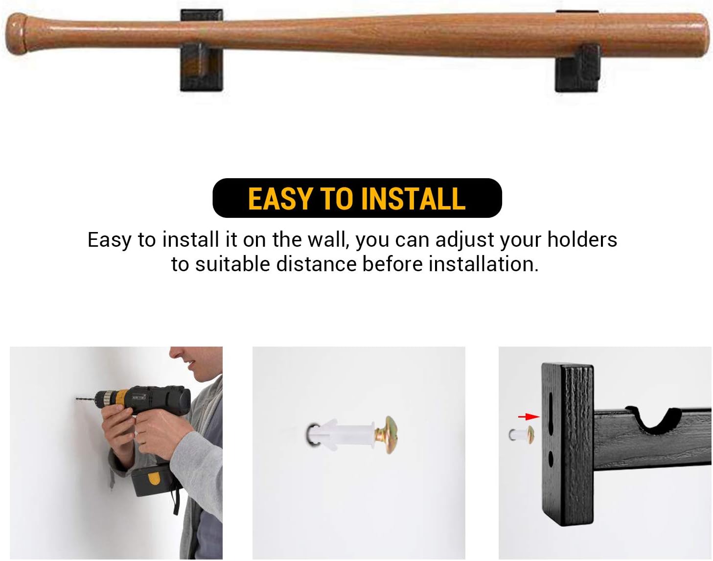 Display standard - Black - Baseball bat display standard - Baseball bat holder - Wall mounting - Horizontal baseball bat standard - Baseball bat holder - 2 pieces - Black - Image 4