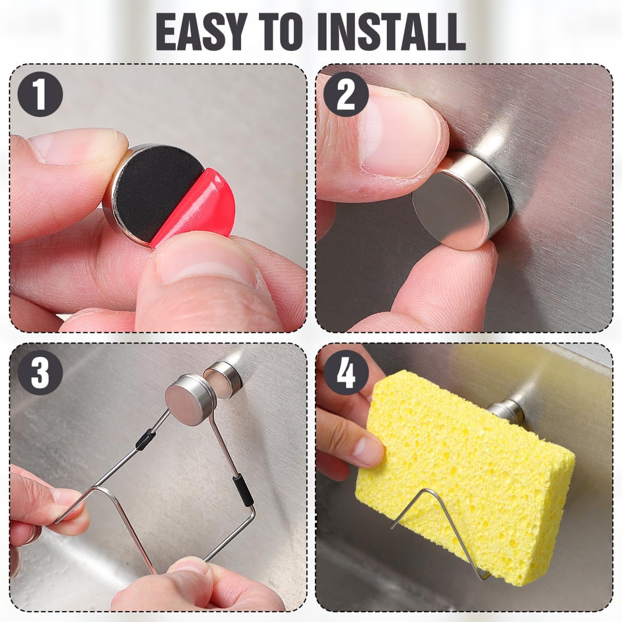 Sponge Holder - Stainless Steel - Magnetic - Kitchen Sink Sponge Drying Rack - 1 piece - Easy to install - No drilling required - Suitable for kitchens and bathrooms - Image 5