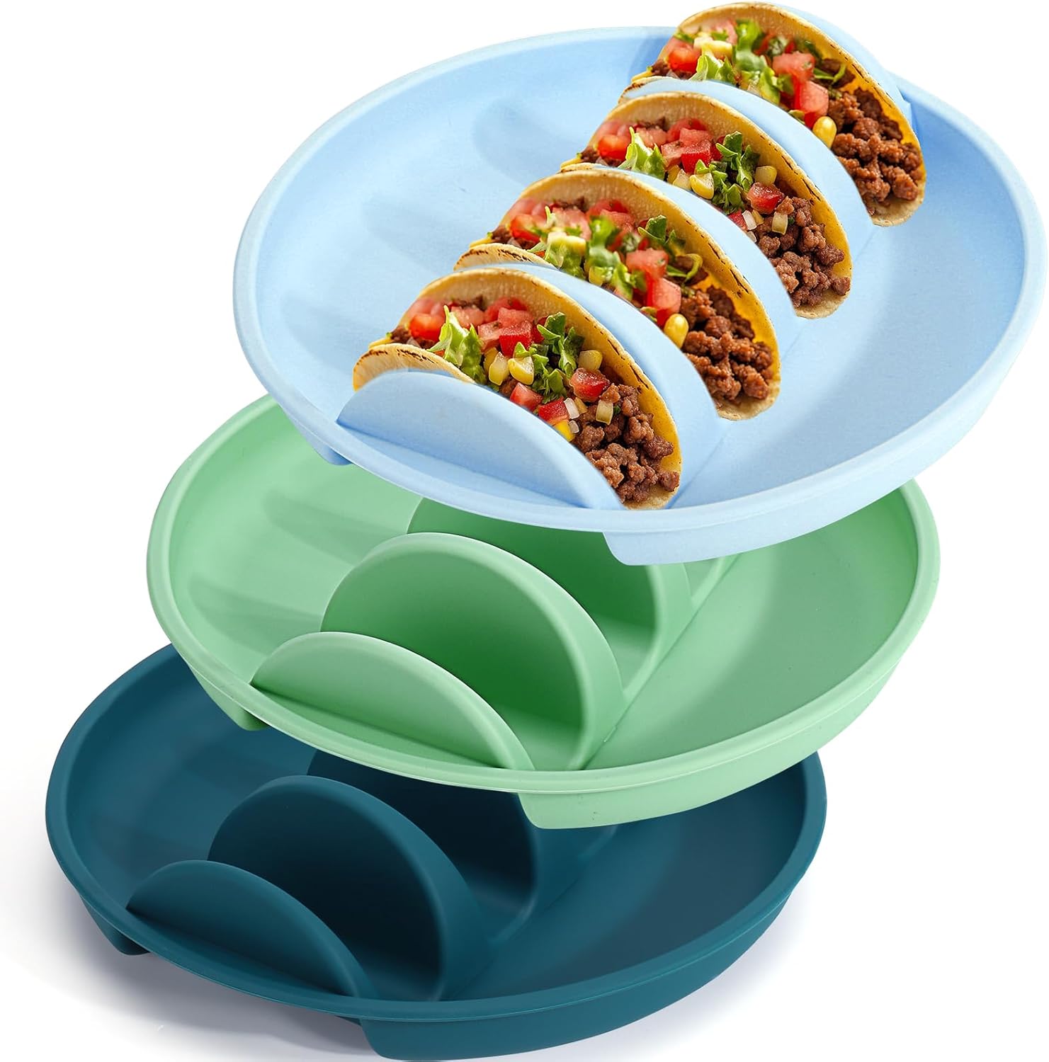 Silicone taco trays - 3-pack - with dividers - Eco-friendly - Reusable - Taco plates - Taco holders - Hard/soft taco shell holder - Taco party tray - Dishwasher and microwave safe - Image 1