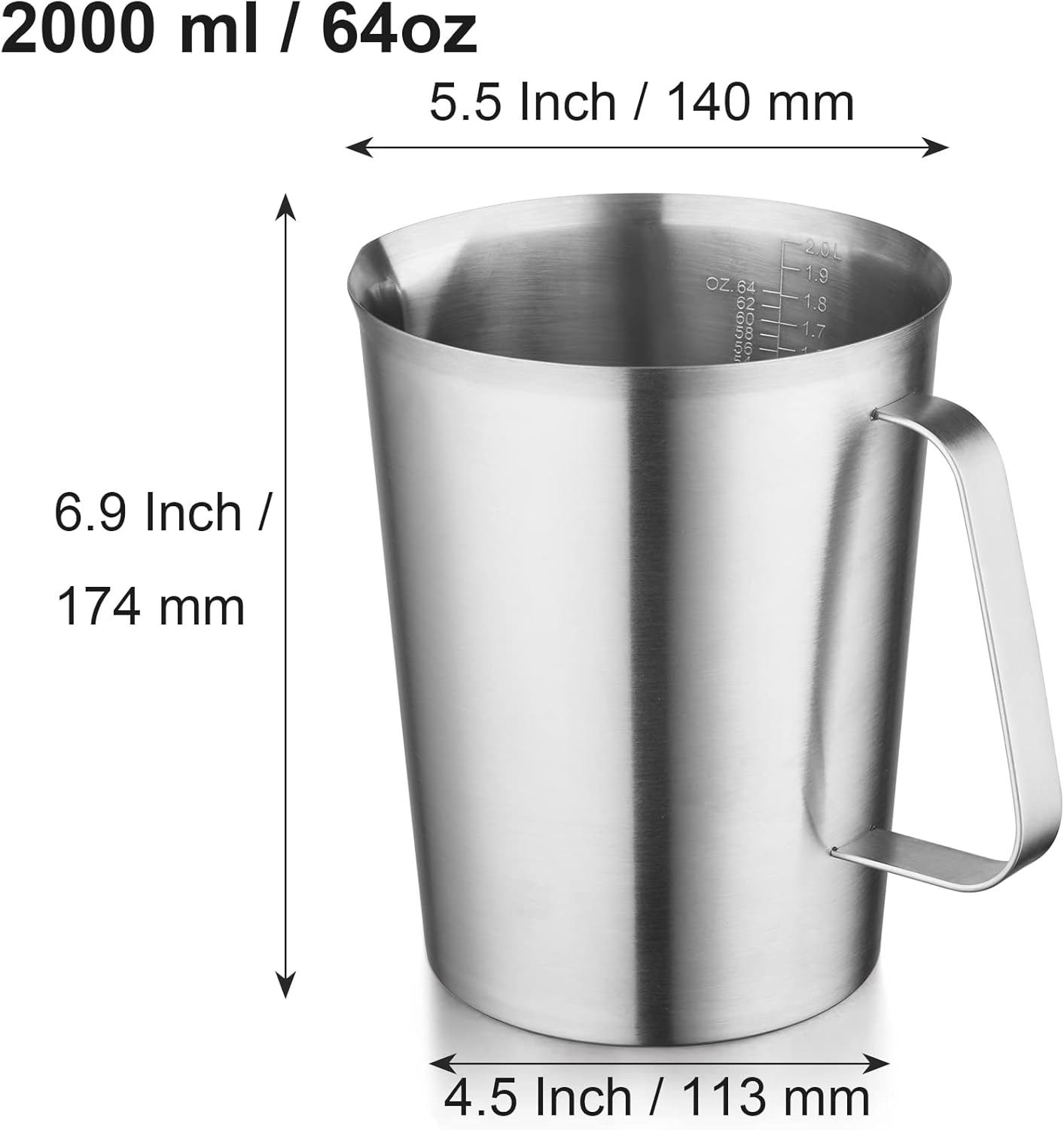 Stainless Steel Measuring Jug - 304 Stainless Steel - with Handle and Spout - Metal Pitcher with oz and ml Markings - 64 oz / 2 Litres (8 Cups) - Extra Strong Pitcher - Image 2