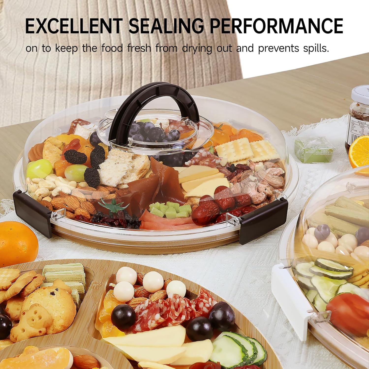 Eetblad - Bamboo plate with clear lid - Dried fruit plate - Rice picnic - Portable - Deli container - Meat- Wood eco-friendly- and fruit bowl - Housewarming gift for a new home - Image 3