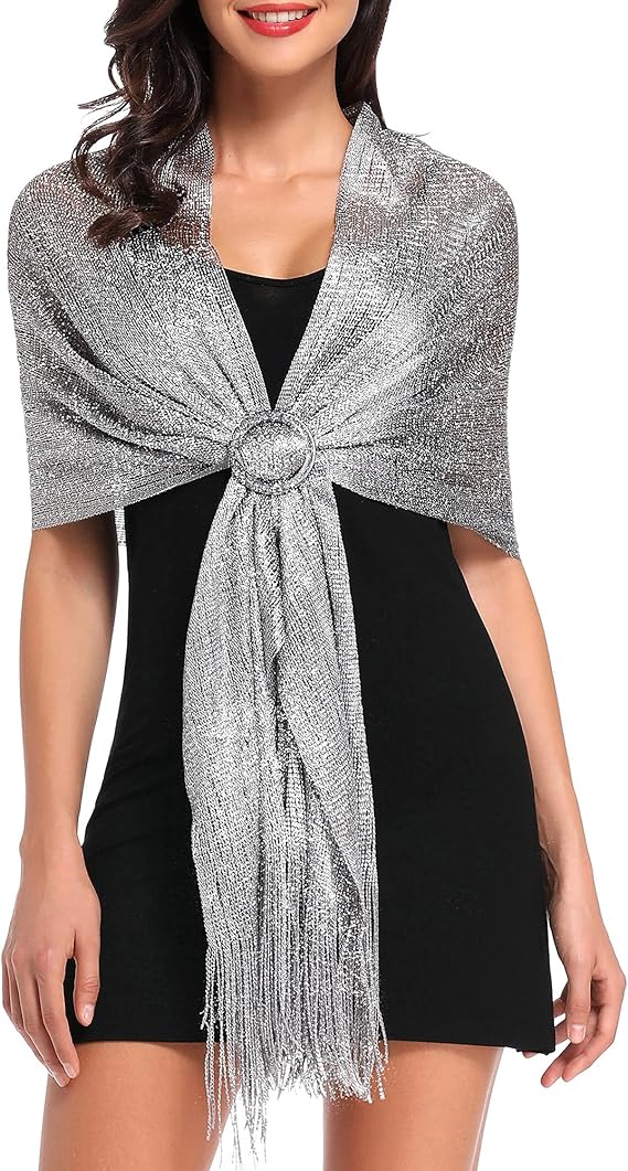 Ladies' scarf - shimmering metallic scarf - fringed scarf - suitable for evening parties, weddings, sea, beaches - with clip - Image 1