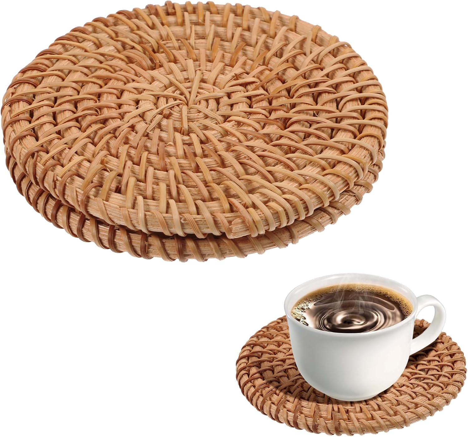 Coasters - Set of 2 - Naturally Woven Coasters - Rattan Coasters - 3.93 inches - Round Reed Coasters - Eco-Friendly Coasters - Boho Coasters - Coffee Table - Housewarming Gift - Hot Drinks - Home Decor - Image 1