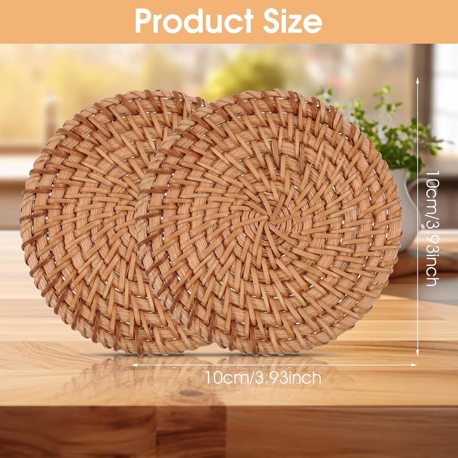 Coasters - Set of 2 - Naturally Woven Coasters - Rattan Coasters - 3.93 inches - Round Reed Coasters - Eco-Friendly Coasters - Boho Coasters - Coffee Table - Housewarming Gift - Hot Drinks - Home Decor - Image 2