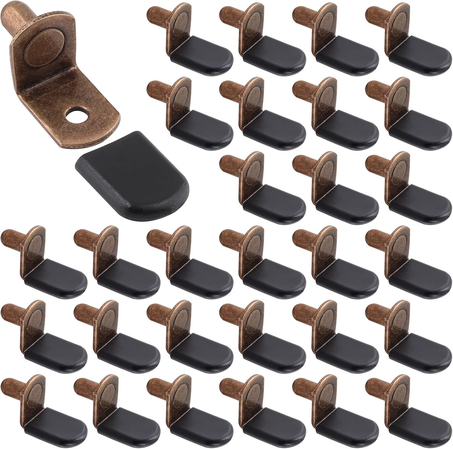 Biaungdo 30 Pcs Shelf Support Pegs, 1/4 Inch L-Shaped Clips with Rubber Sleeve, Cabinet Shelf Pegs for Bookshelves Glass Corner Shelf Cabinet Furniture, Antique Bronze - Image 1