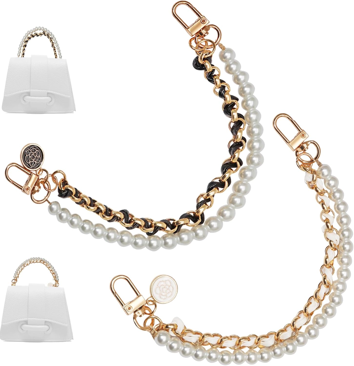 Biaungdo 2 Pcs Pearl Purse Extender Chain, Luxury Black and Gold Handbag Straps Replacement, Metal Purse Strap Extender Short Purse Handles Clutches Handles for DIY Crafts Bags - Image 1