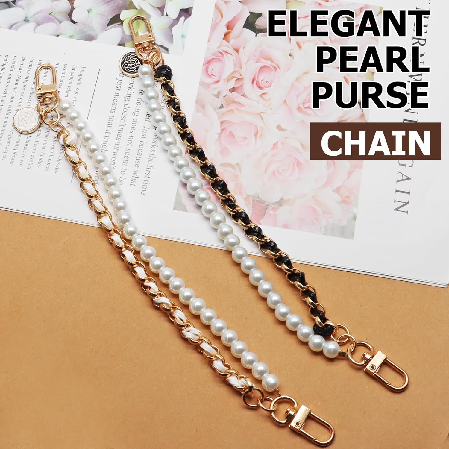 Biaungdo 2 Pcs Pearl Purse Extender Chain, Luxury Black and Gold Handbag Straps Replacement, Metal Purse Strap Extender Short Purse Handles Clutches Handles for DIY Crafts Bags - Image 2