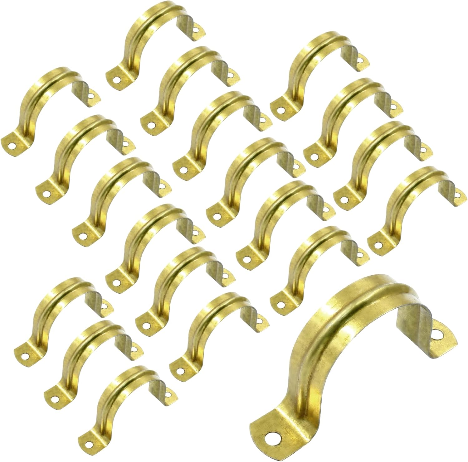 Biaungdo 20 Pcs M40 Rigid Pipe Strap, 1-1/2 Inch Stainless Steel Two Hole Strap U Bracket Pipe Clamps Heavy Duty Conduit Clamps Tension Tube Clip Cable Clamp Hanger with 2 Holes for Pipe Cable(Gold) - Image 1