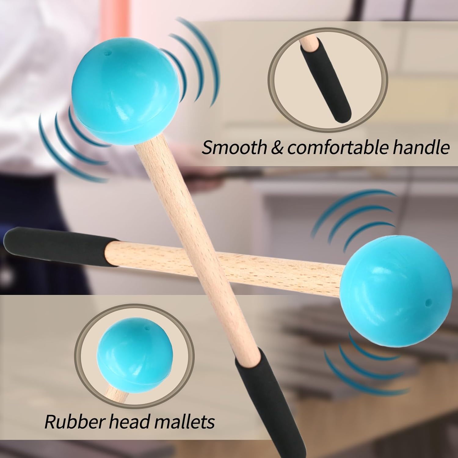 Biaungdo 2 Pack 8.7 Inch Glockenspiel Mallets, Rubber Xylophone Mallets Bell Stick Percussion with Wood Handle Drumstick Percussion Instrument Parts for Bell, Tongue Drum Mallet(Blue) - Image 3