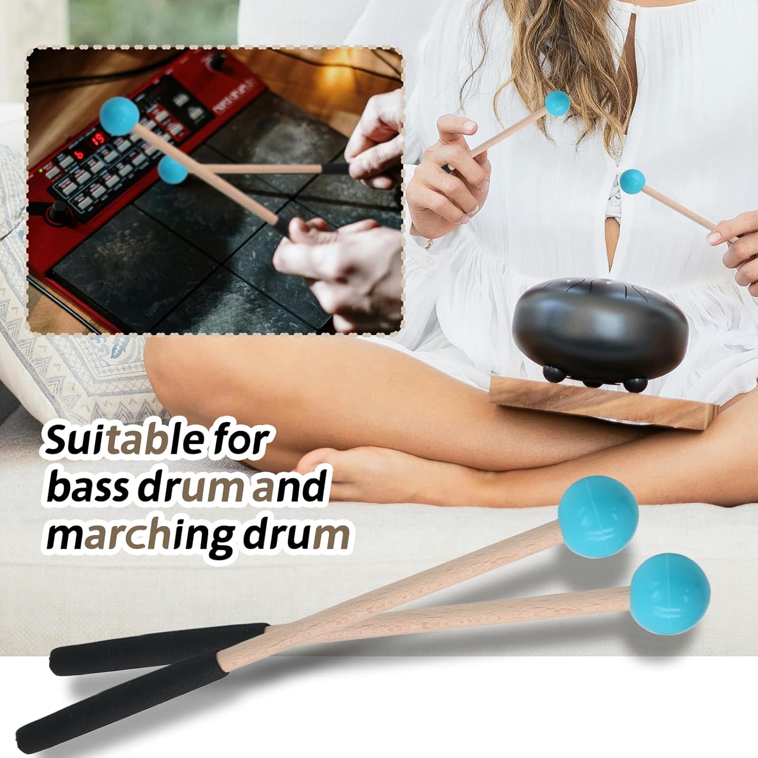 Biaungdo 2 Pack 8.7 Inch Glockenspiel Mallets, Rubber Xylophone Mallets Bell Stick Percussion with Wood Handle Drumstick Percussion Instrument Parts for Bell, Tongue Drum Mallet(Blue) - Image 5