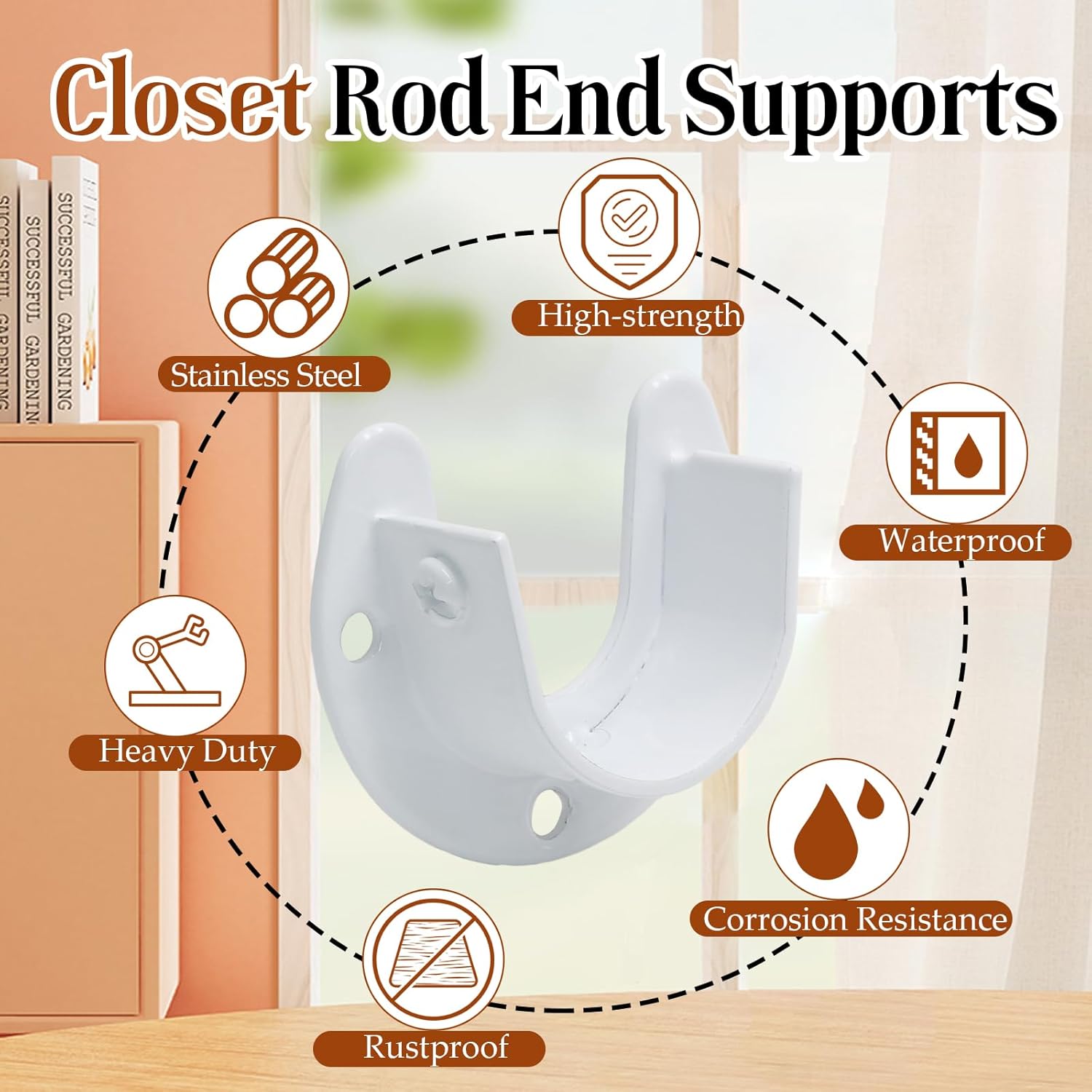 Biaungdo 1-1/4 Inch Stainless Steel Closet Rod End Supports, 2 Pcs White Heavy Duty Wardrobe Rod Brackets Closet Pole Sockets Flange Rod Holder, U-Shaped - Image 2