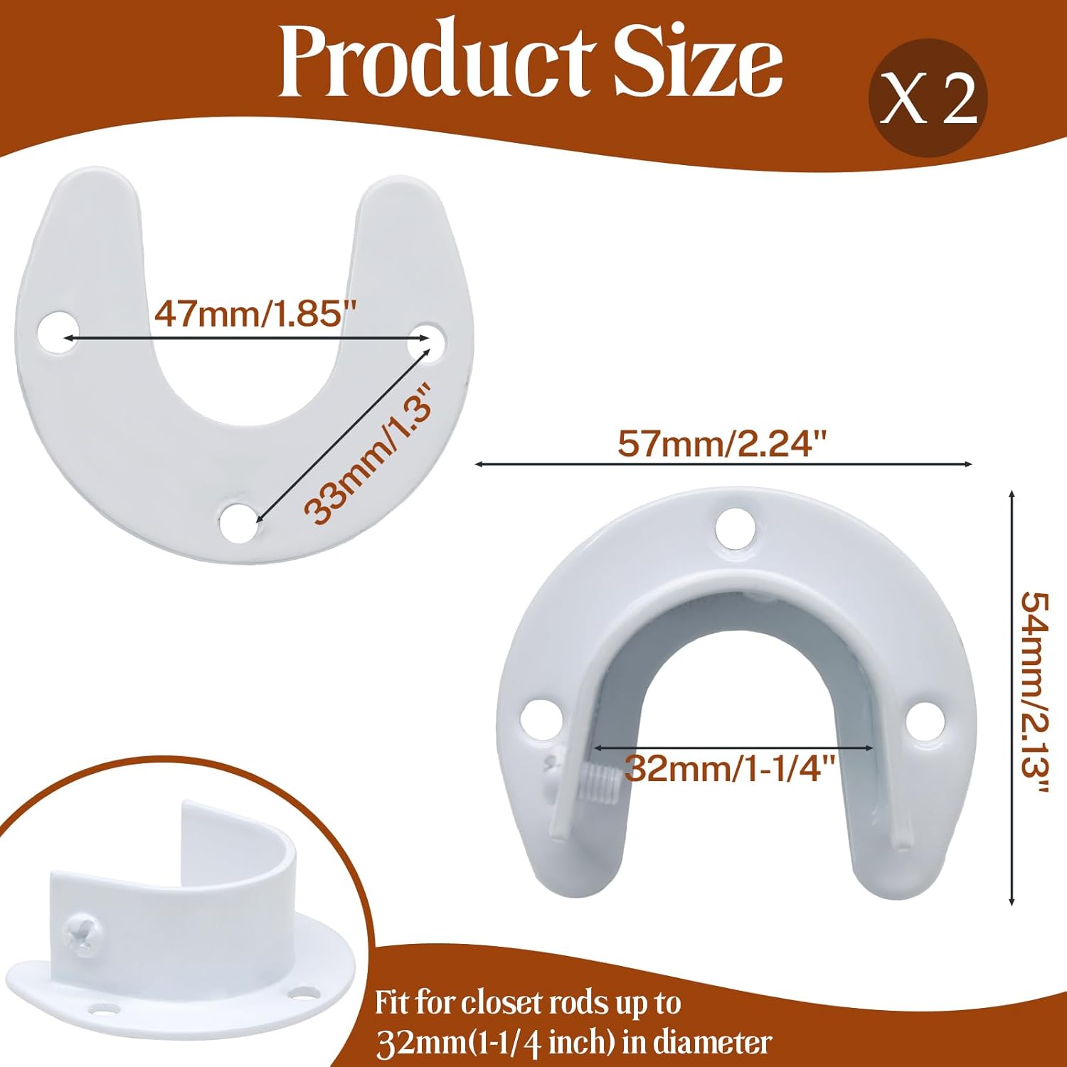 Biaungdo 1-1/4 Inch Stainless Steel Closet Rod End Supports, 2 Pcs White Heavy Duty Wardrobe Rod Brackets Closet Pole Sockets Flange Rod Holder, U-Shaped - Image 4