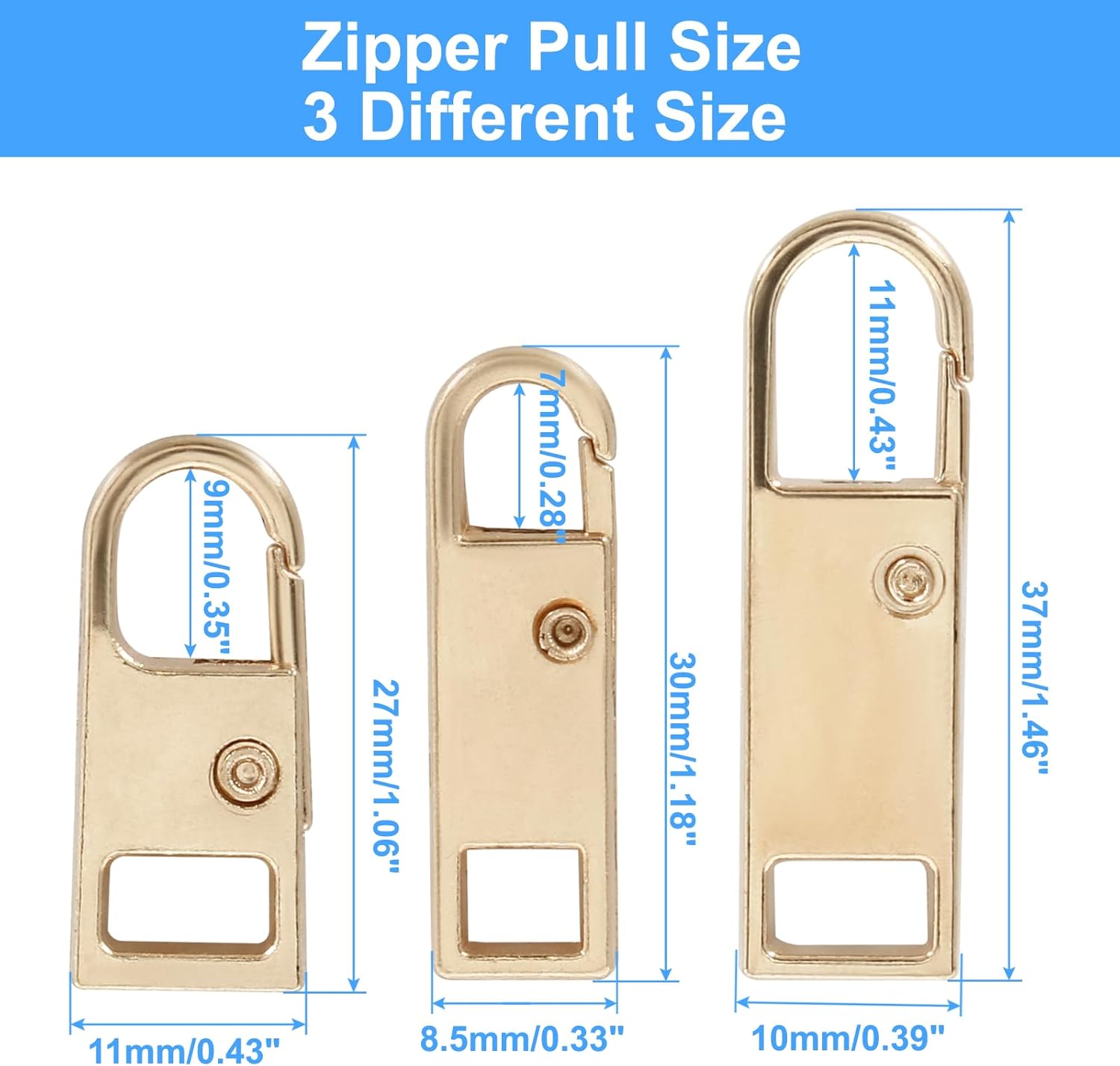 Biaungdo 6 Pcs Zipper Pull Replacement, Detachable Zipper Pull Tabs Slider Metal Luggage Zipper Handle and Fixes for Clothing Jackets Backpacks Handbags Wallet Boots Purse Coat(3 Sizes, Gold) - Image 2