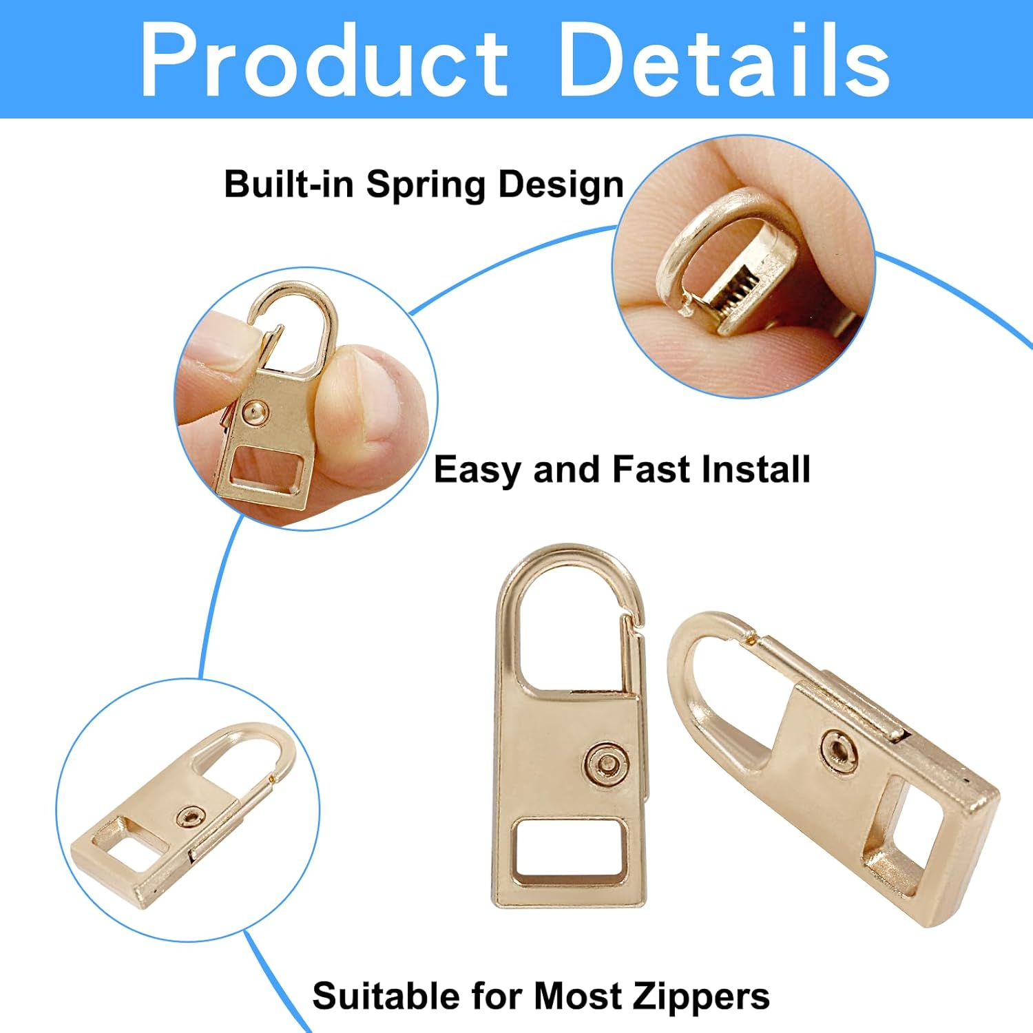 Biaungdo 6 Pcs Zipper Pull Replacement, Detachable Zipper Pull Tabs Slider Metal Luggage Zipper Handle and Fixes for Clothing Jackets Backpacks Handbags Wallet Boots Purse Coat(3 Sizes, Gold) - Image 3