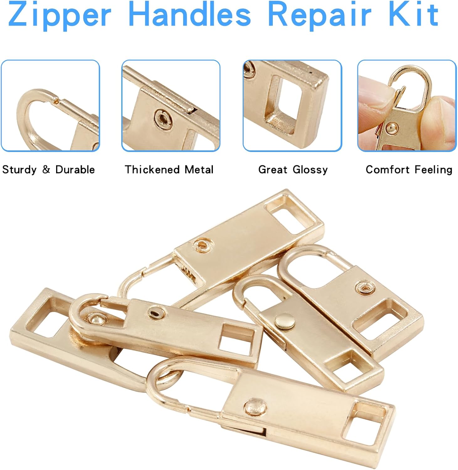 Biaungdo 6 Pcs Zipper Pull Replacement, Detachable Zipper Pull Tabs Slider Metal Luggage Zipper Handle and Fixes for Clothing Jackets Backpacks Handbags Wallet Boots Purse Coat(3 Sizes, Gold) - Image 4