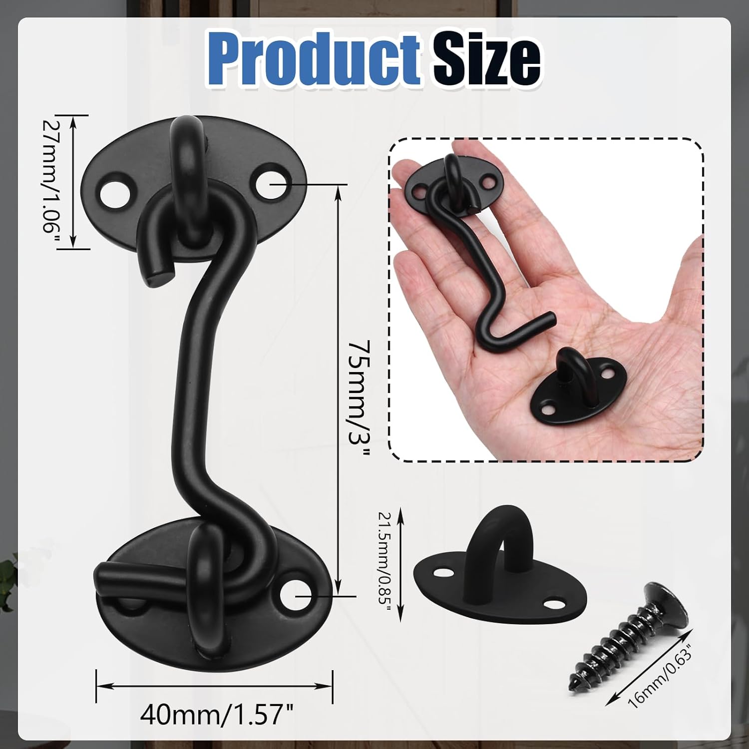Biaungdo Heavy Duty Hook and Eye Latch, 3 Inch Black Privacy Hook Barn Door Lock Easy Lock, Stainless Steel Gate Latch for Doors/Windows/Sheds/Gates/Fences/Closets/Cabinets, 1 Pack - Image 2