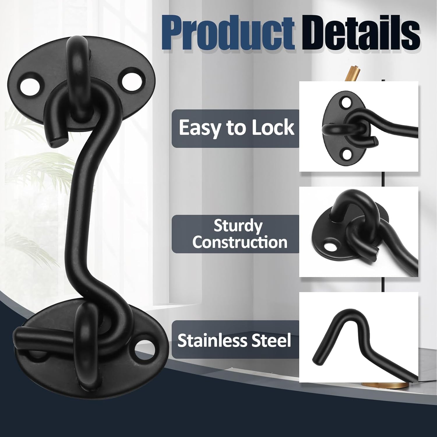 Biaungdo Heavy Duty Hook and Eye Latch, 3 Inch Black Privacy Hook Barn Door Lock Easy Lock, Stainless Steel Gate Latch for Doors/Windows/Sheds/Gates/Fences/Closets/Cabinets, 1 Pack - Image 3