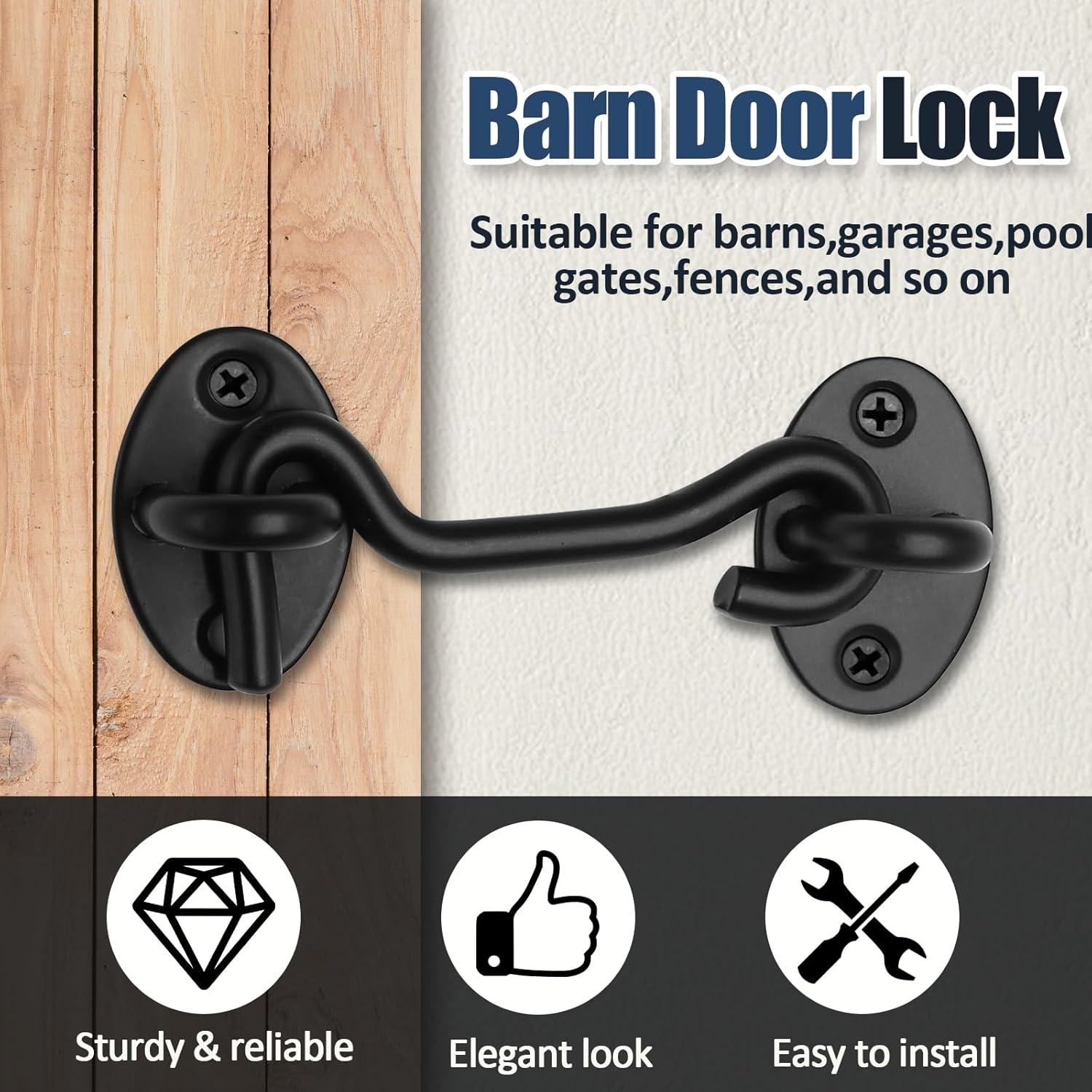 Biaungdo Heavy Duty Hook and Eye Latch, 3 Inch Black Privacy Hook Barn Door Lock Easy Lock, Stainless Steel Gate Latch for Doors/Windows/Sheds/Gates/Fences/Closets/Cabinets, 1 Pack - Image 4