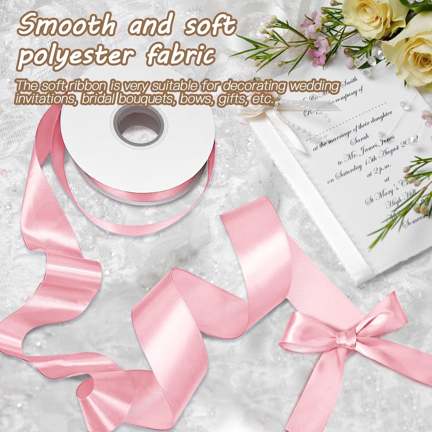 Biaungdo Light Pink Satin Ribbon 1-1/2 Inch, 60 Yards Silk Ribbon for Gift Wrapping, Silky Polyester Fabric for Crafts Wedding Flower Bouquet Party Bows Making Decoration - Image 2