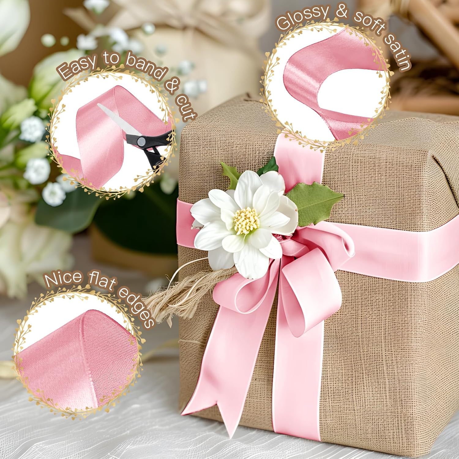 Biaungdo Light Pink Satin Ribbon 1-1/2 Inch, 60 Yards Silk Ribbon for Gift Wrapping, Silky Polyester Fabric for Crafts Wedding Flower Bouquet Party Bows Making Decoration - Image 3