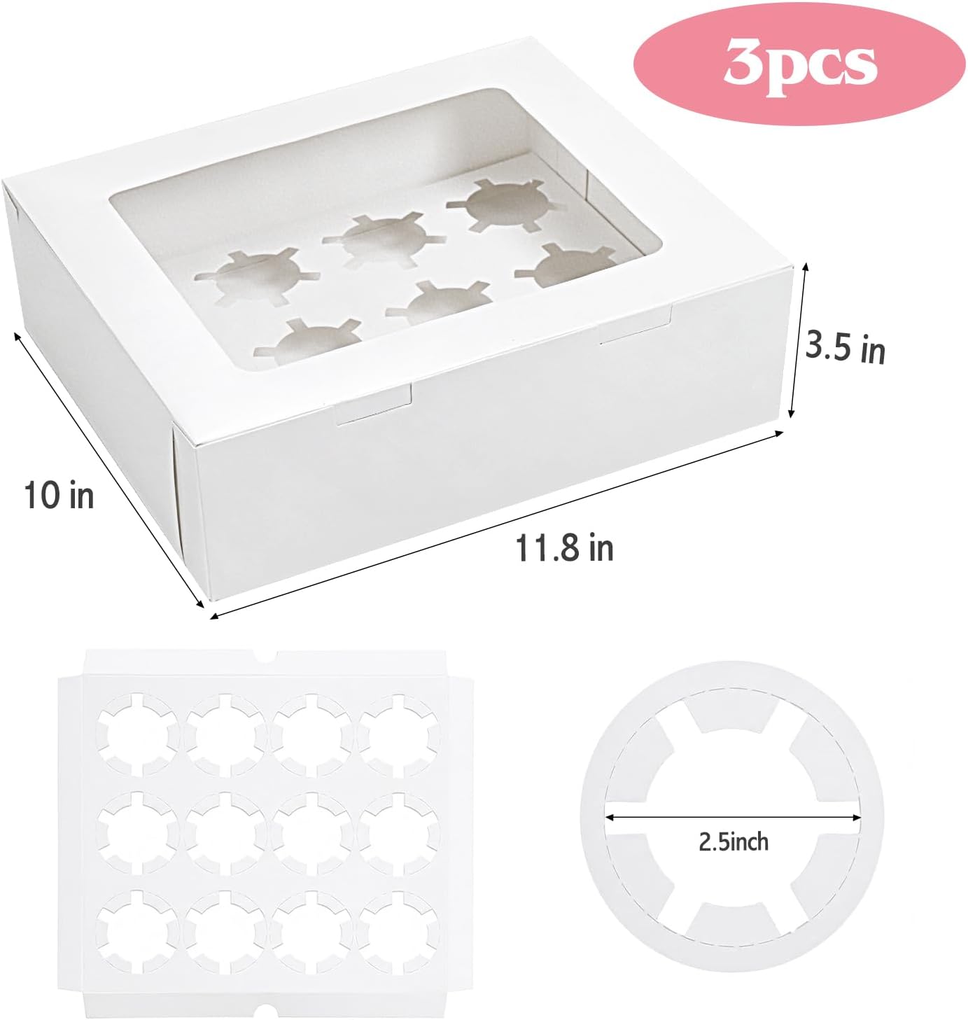 Moretoes 3PCS Cupcake Boxes with Window,Hold 12 Count Cupcake Containers for Cupcakes, Desserts, and More (White) - Image 2