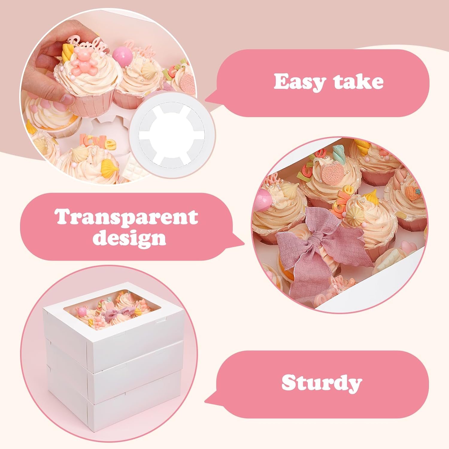 Moretoes 3PCS Cupcake Boxes with Window,Hold 12 Count Cupcake Containers for Cupcakes, Desserts, and More (White) - Image 4
