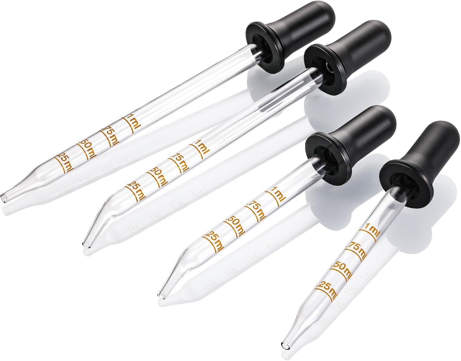 4 Pack, 1 mL Glass Eye Dropper with Measurement - Long & Short, Bent & Straight Tip Calibrated Glass Medicine Droppers, Accurate Dose Pipette Dropper for Essential Oils, Feeding, Ear, Lab, Health Care - Image 1