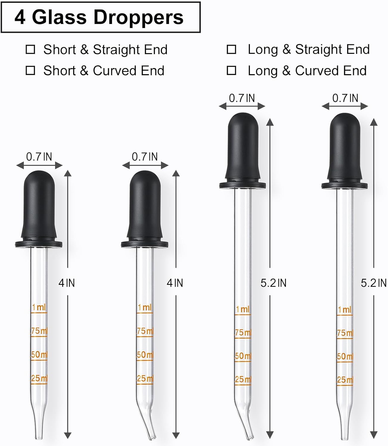 4 Pack, 1 mL Glass Eye Dropper with Measurement - Long & Short, Bent & Straight Tip Calibrated Glass Medicine Droppers, Accurate Dose Pipette Dropper for Essential Oils, Feeding, Ear, Lab, Health Care - Image 2