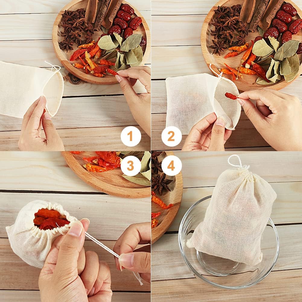 YQL Spice Bags for Cooking,30PCS 4x6 Inch Muslin Bags with Drawstring Tea Filter Bags Cheesecloth Bags for Straining Reusable Natural Cotton Sachet/Herb Bags - Image 3