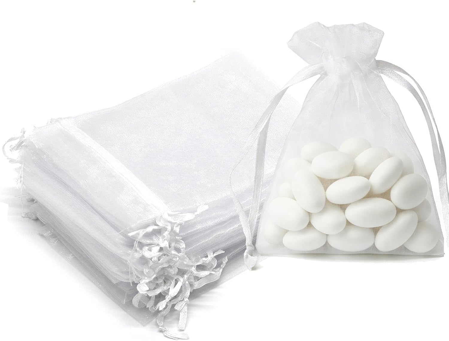 50Pcs White Organza Bags 3x4 Inch, Small Sheer Wedding Party Favor Bags with Drawstring, Mesh Jewelry Gift Bags Christmas Candy Pouches - Image 1
