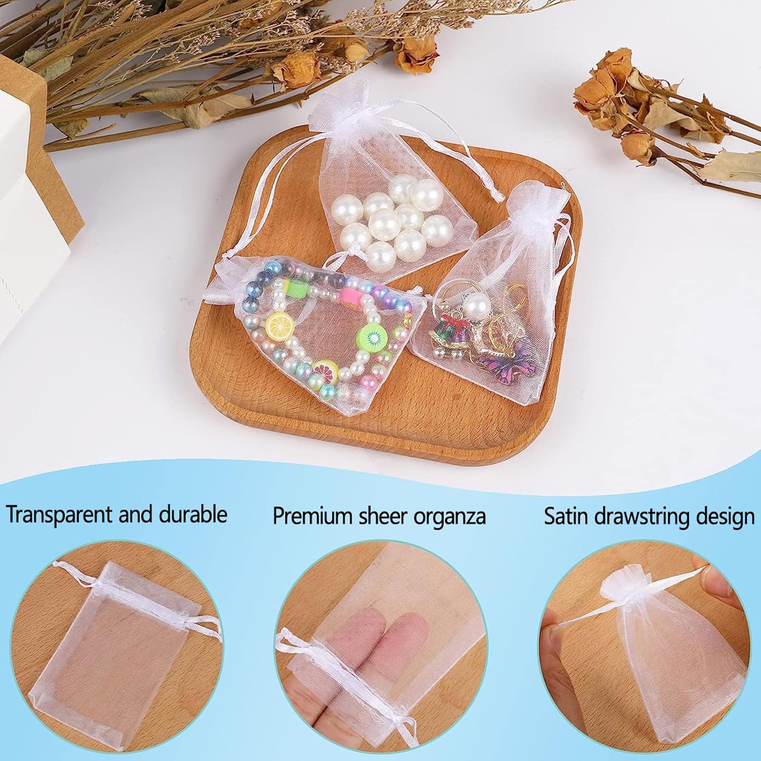 50Pcs White Organza Bags 3x4 Inch, Small Sheer Wedding Party Favor Bags with Drawstring, Mesh Jewelry Gift Bags Christmas Candy Pouches - Image 4