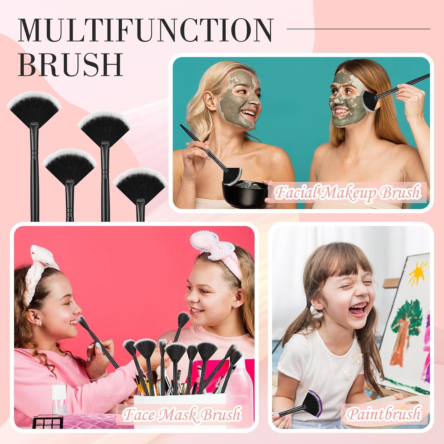 12 Pcs Soft Facial Fan Brush Blush Makeup Brush Face Mask Acid Applicator Multi Use Cosmetic Tools for Peel Mask Makeup for Mud Cream(Black) - Image 4