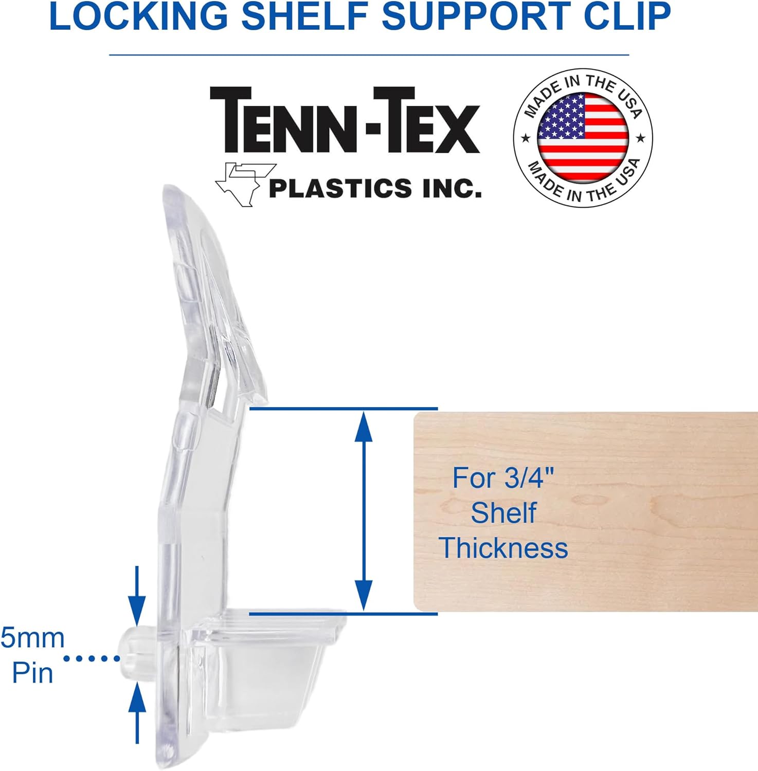 Self-Locking Shelf Support Clips, Made in The USA - for 3/4