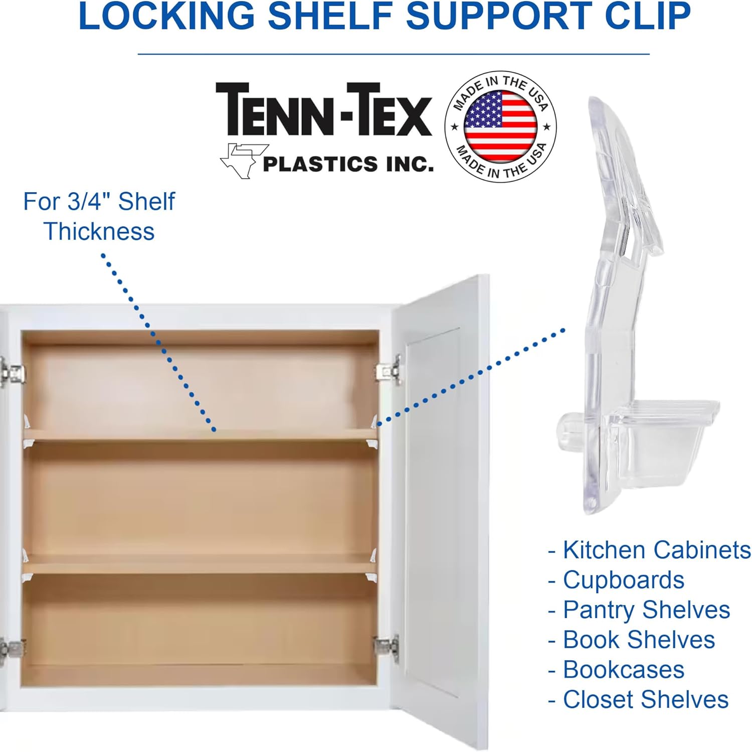 Self-Locking Shelf Support Clips, Made in The USA - for 3/4
