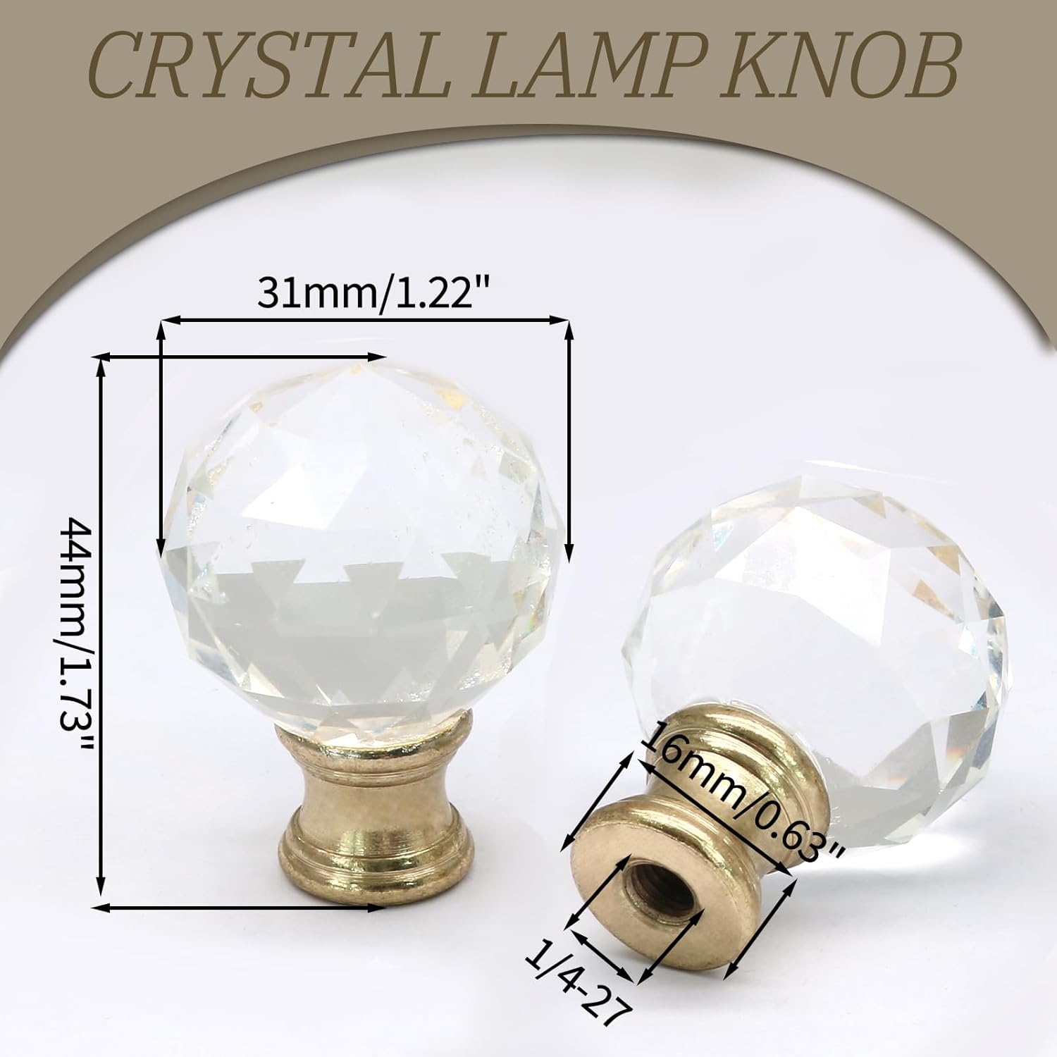 Biaungdo 2 Pack Crystal Lamp Finial, Clear Lamp Finial Cap Knob Diamond Lamp Shade Finial Glass Lamp Screw Top Lamp Decoration for Lamp Shade, with 1/4-27 Inch Gold Base - Image 2