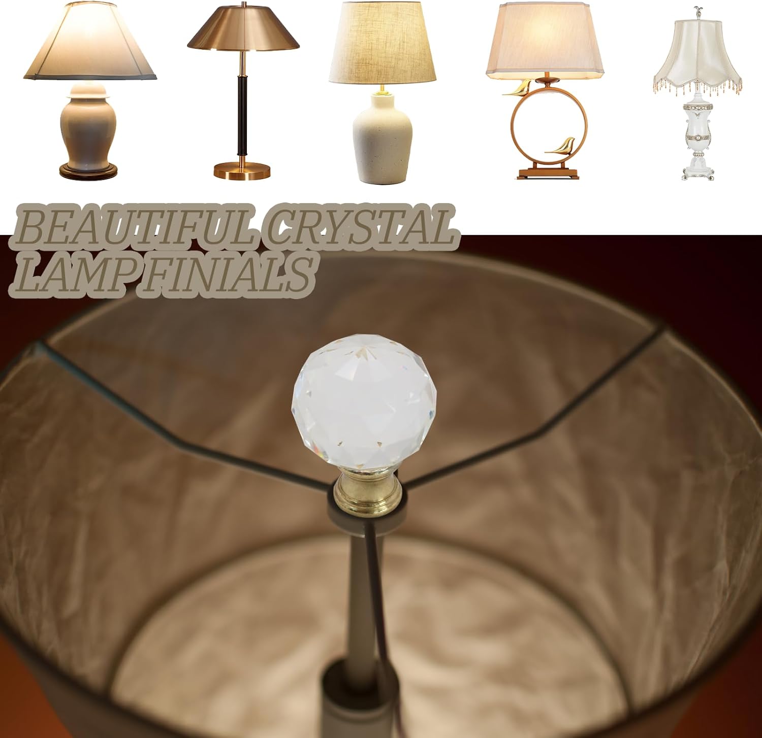 Biaungdo 2 Pack Crystal Lamp Finial, Clear Lamp Finial Cap Knob Diamond Lamp Shade Finial Glass Lamp Screw Top Lamp Decoration for Lamp Shade, with 1/4-27 Inch Gold Base - Image 5