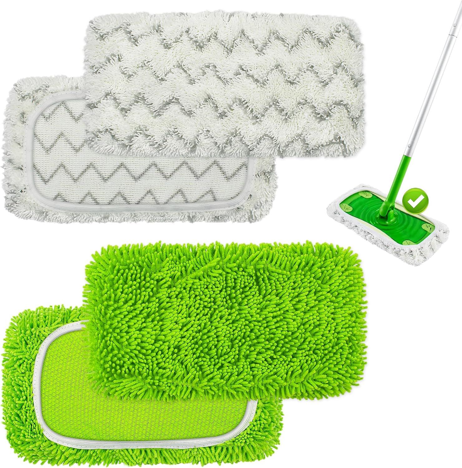 4 Pack Reusable Mop Pads Compatible with Swier Sweeper Mop,Wet Pads Reill & Dry Sweeping Cloths,Chenille & Microiber Reill Pads or Wood loor Cleaning,Washable Wet Mopping Cloths,Green & Gray - Image 1