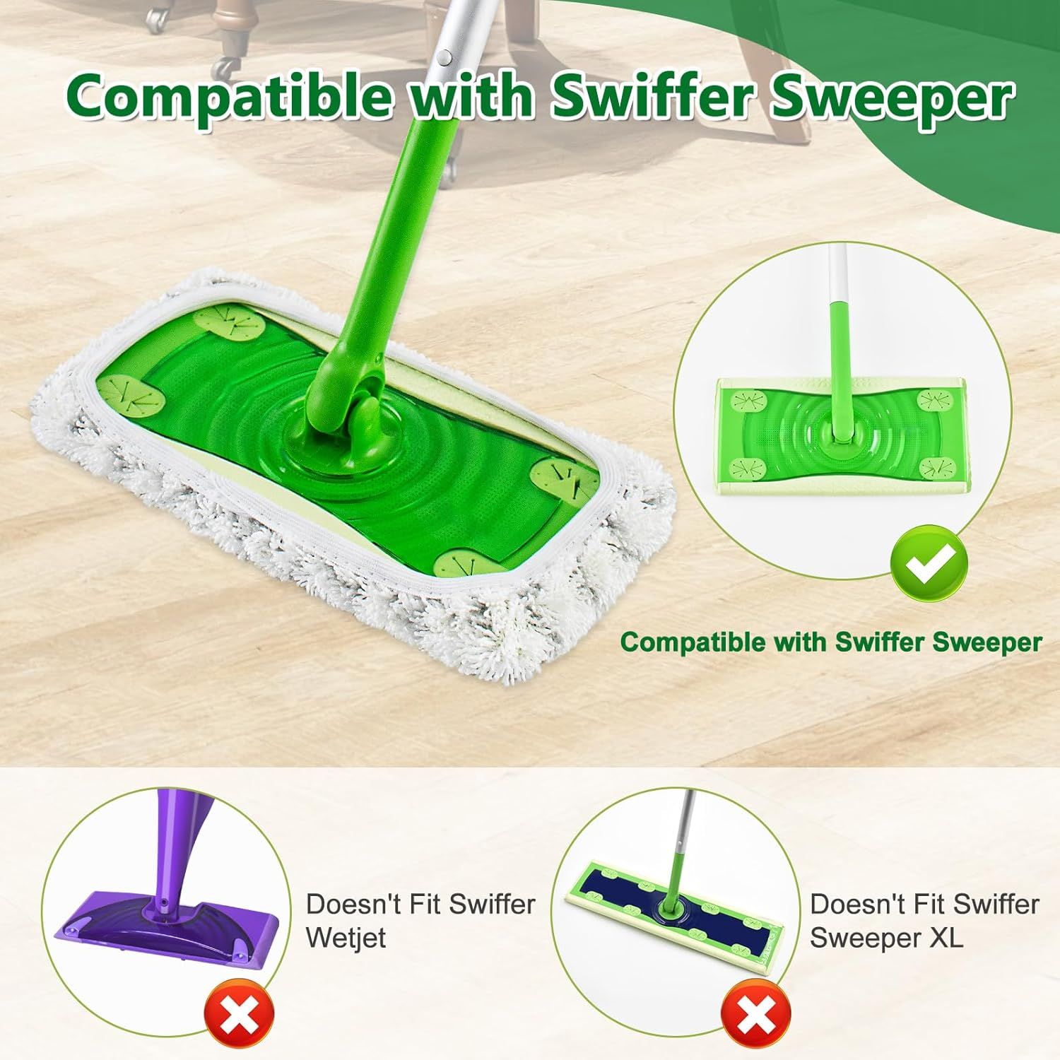 4 Pack Reusable Mop Pads Compatible with Swier Sweeper Mop,Wet Pads Reill & Dry Sweeping Cloths,Chenille & Microiber Reill Pads or Wood loor Cleaning,Washable Wet Mopping Cloths,Green & Gray - Image 3