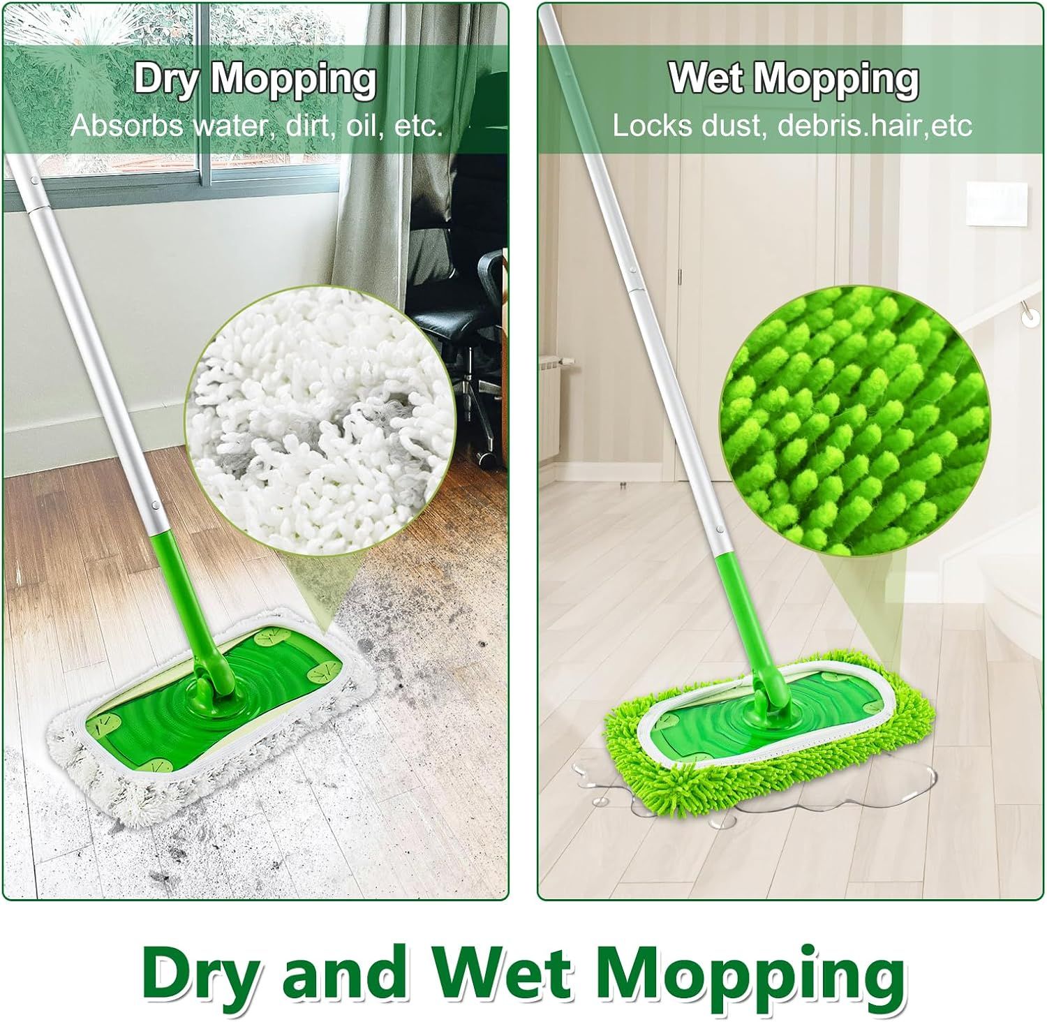 4 Pack Reusable Mop Pads Compatible with Swier Sweeper Mop,Wet Pads Reill & Dry Sweeping Cloths,Chenille & Microiber Reill Pads or Wood loor Cleaning,Washable Wet Mopping Cloths,Green & Gray - Image 5