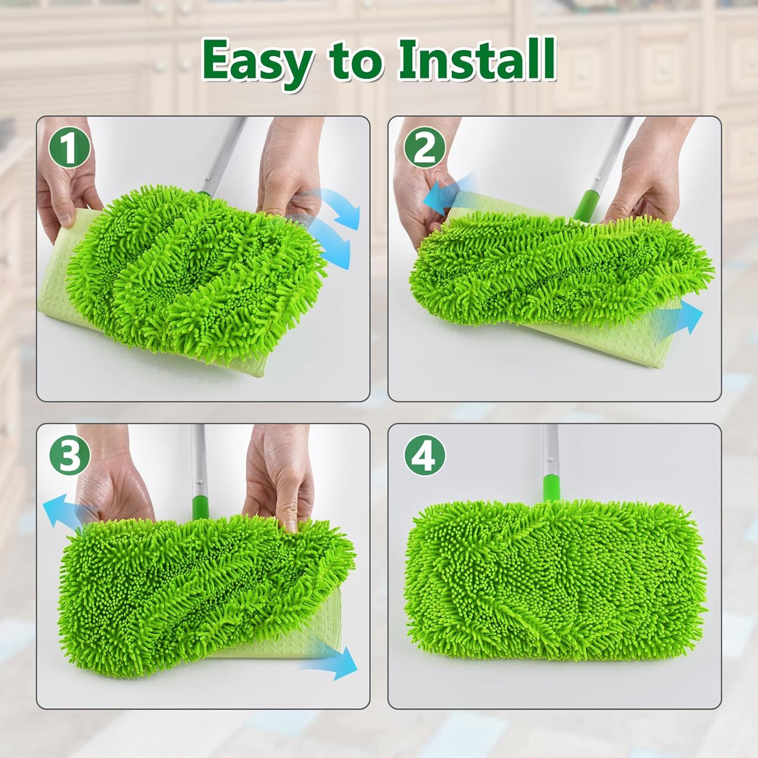 4 Pack Reusable Mop Pads Compatible with Swier Sweeper Mop,Wet Pads Reill & Dry Sweeping Cloths,Chenille & Microiber Reill Pads or Wood loor Cleaning,Washable Wet Mopping Cloths,Green & Gray - Image 6