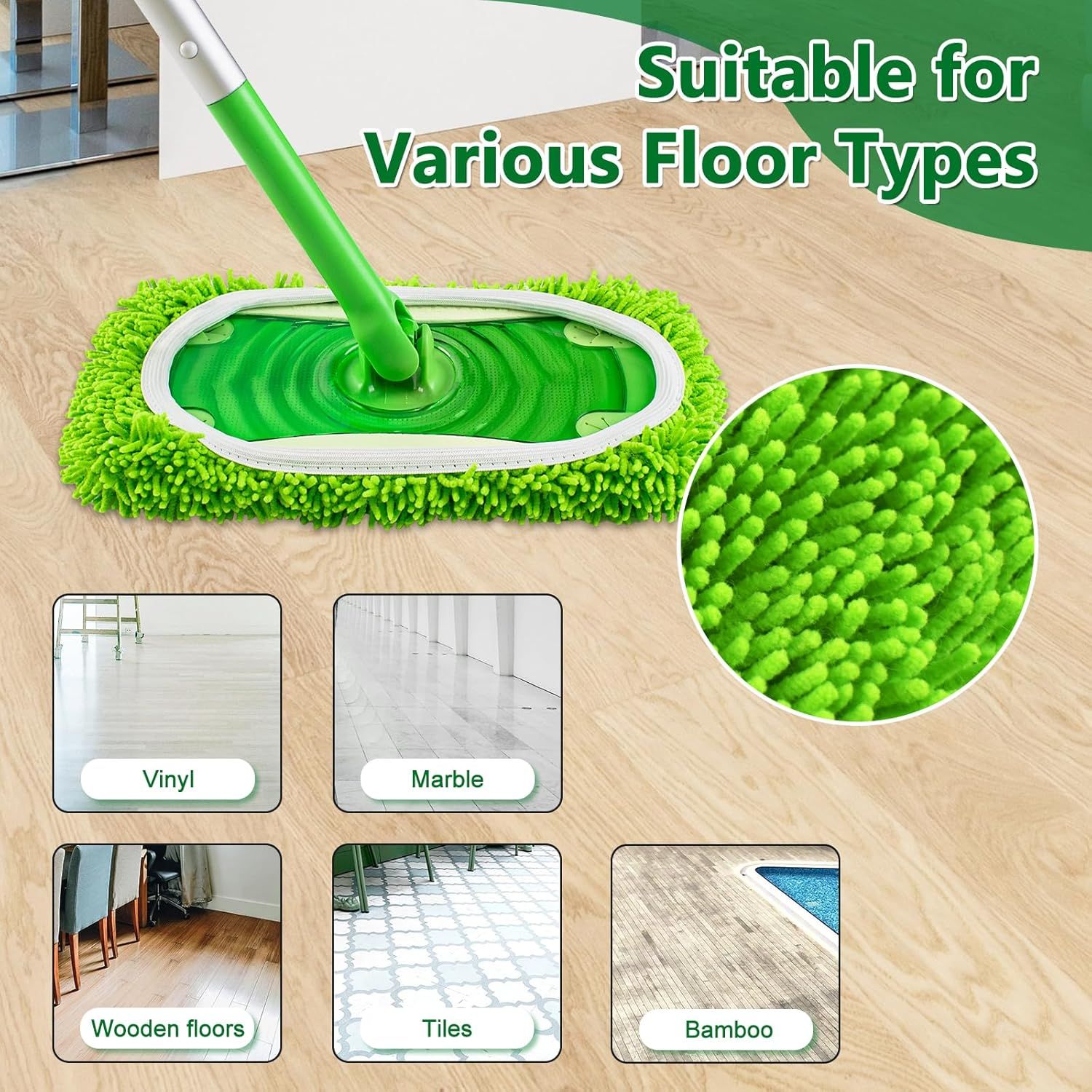 4 Pack Reusable Mop Pads Compatible with Swier Sweeper Mop,Wet Pads Reill & Dry Sweeping Cloths,Chenille & Microiber Reill Pads or Wood loor Cleaning,Washable Wet Mopping Cloths,Green & Gray - Image 7
