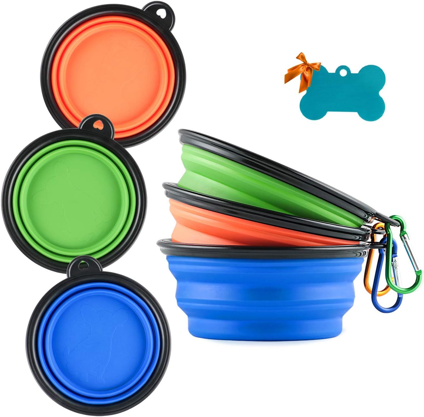 3 Collapsible Silicone Dog Bowl, oldable Expandable Cup Dish or Small Pet Cat ood Water eeding Portable Travel Bowl, Pet ID-Tag - Image 1