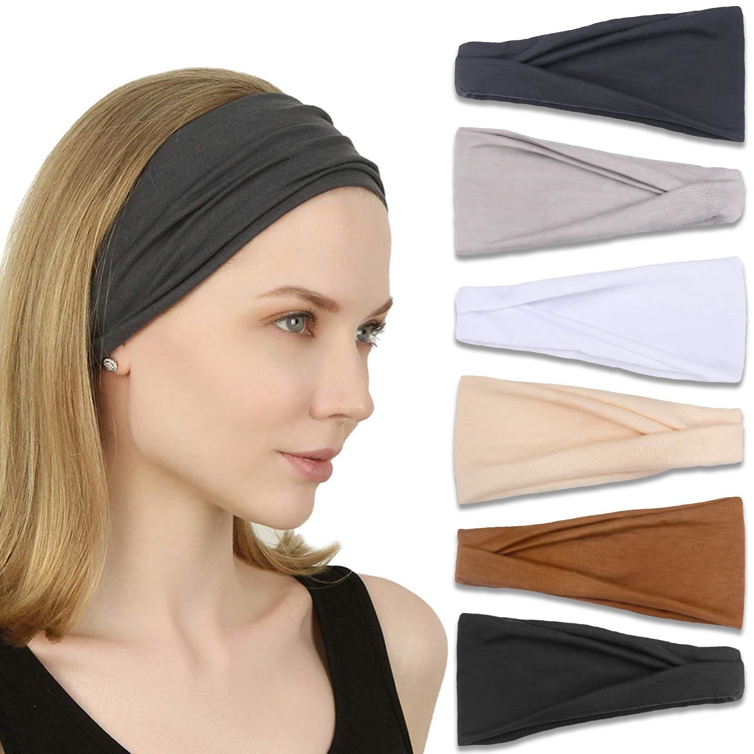 Headbands or Women, Non-Slip, Premium Stretchy Head Bands Hair Accessories,Wear or Yoga, ashion, Working Out, Travel or Running, 6 Pack, Neutral - Image 1
