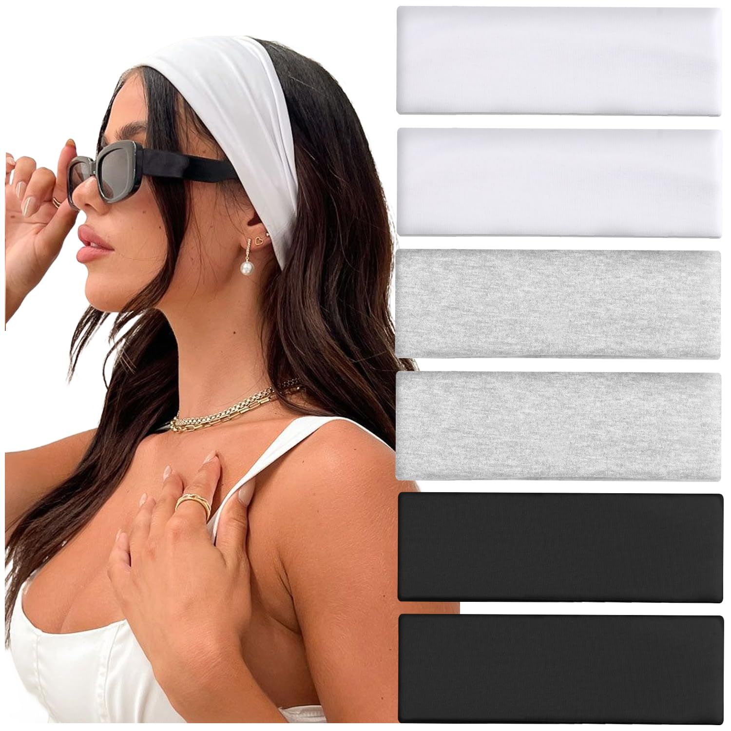 Workout Headbands or Women Non Slip, Premium Stretchy Sot abric Head Bands or Women's Hair, Wear or Yoga, Running, Sport, 6 Pack, Black White Grey - Image 2