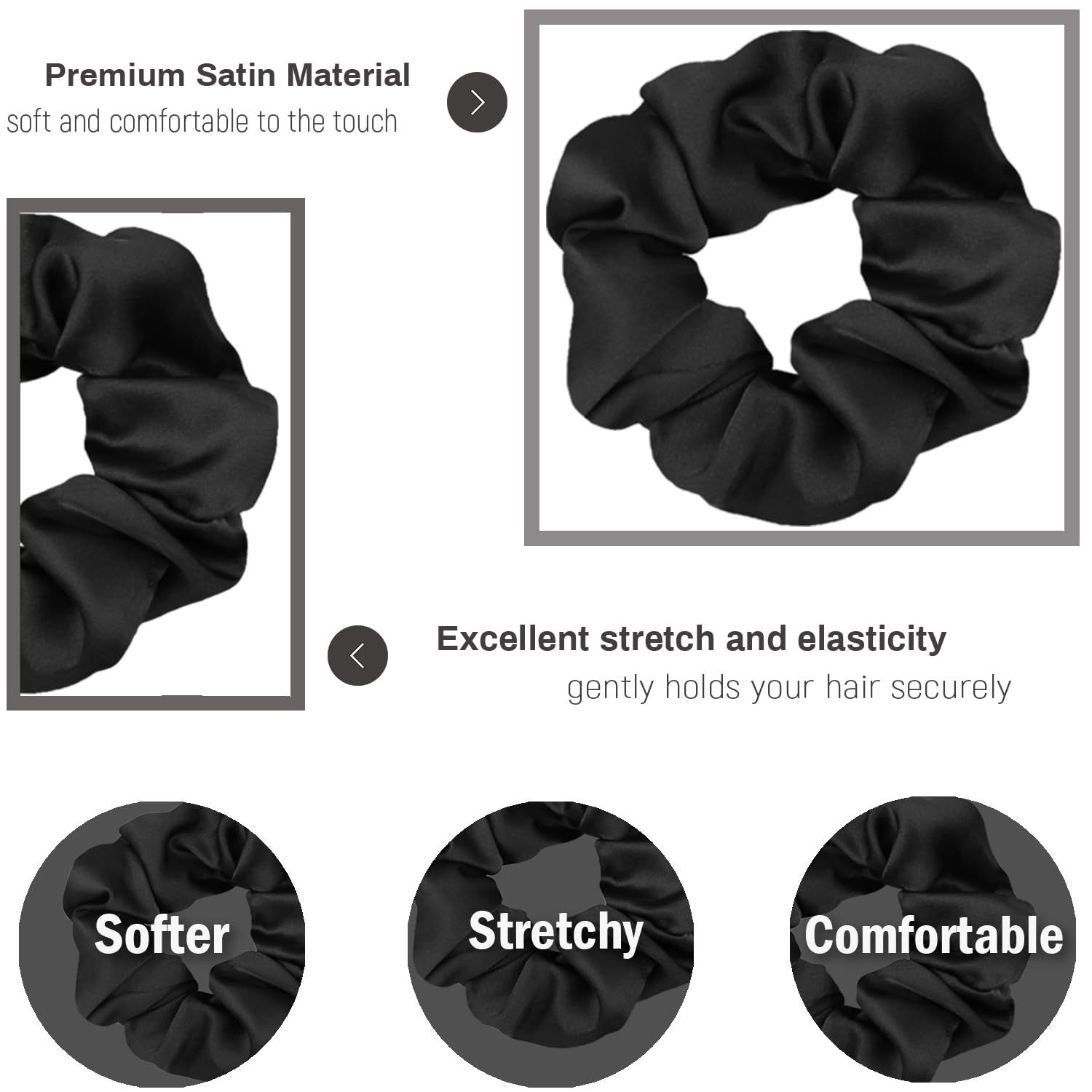 Scrunchies or Hair Sleep, Premium Satin Sot Than Silk or Women Curly Hair, Cute Bands Ties or Girls Thin | Thick Hair Styling, 12 Pack, Black - Image 2