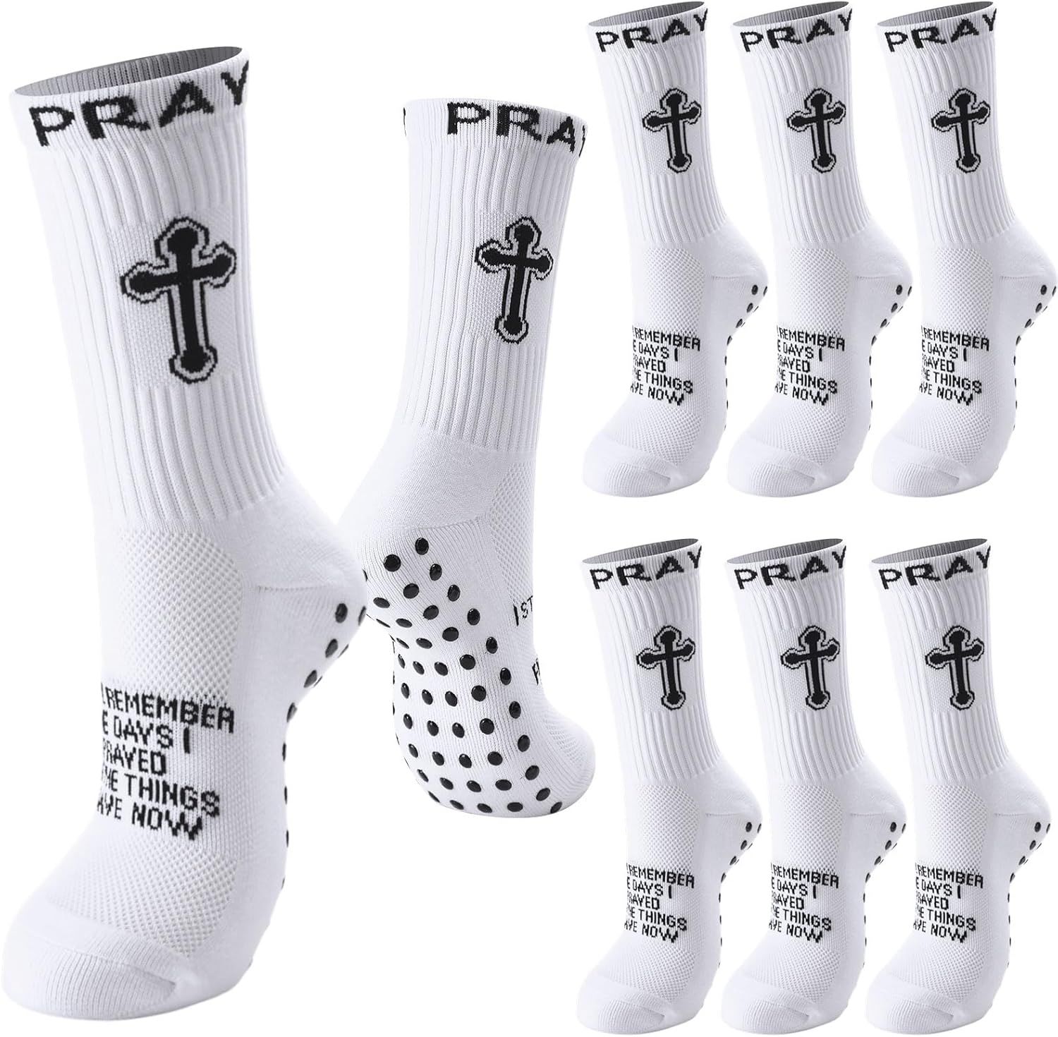 4 Pairs Christian Cross Socks Cross Grip Soccer Sock Anti Slip with Bible Verse Card I Still Remember The Day I Pray or Men Dad Husband Birthday Easter Religious Soccer Sock Jesus VBS Gits - Image 1