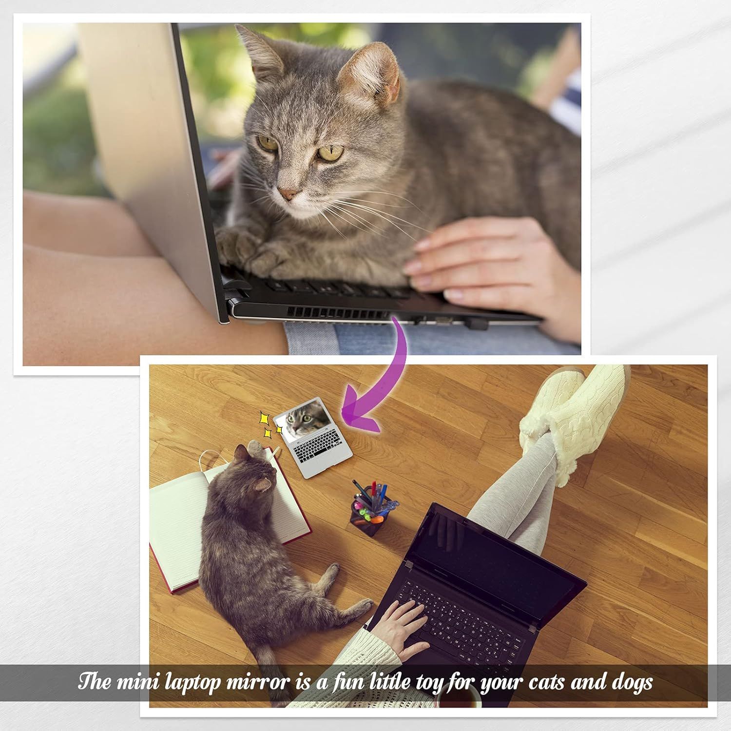 Mini Cat Laptop Toy Pocket Mirror Cat Laptop 3.7 x 2.5 Inch Tiny ake Computer Compact Mirror or Dollhouse Pet Travel Makeup Decoration(Silver) - Image 5
